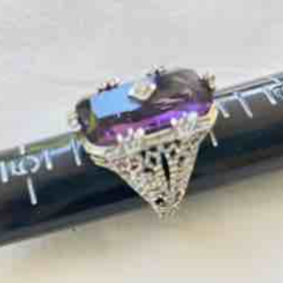 Large  Silver Tone Clear Purple Stone Ring with CZ Accent / Antique Reproduction - Picture 6 of 14